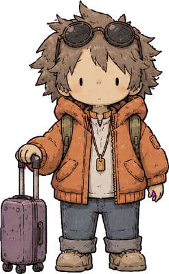 A traveller in an orange jacket with a purple suitcase