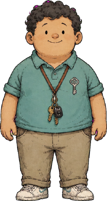 A round man in a teal polo with a lanyard of keys