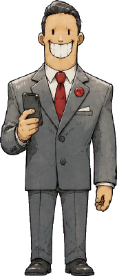 A grinning manager in a grey suit, on his phone