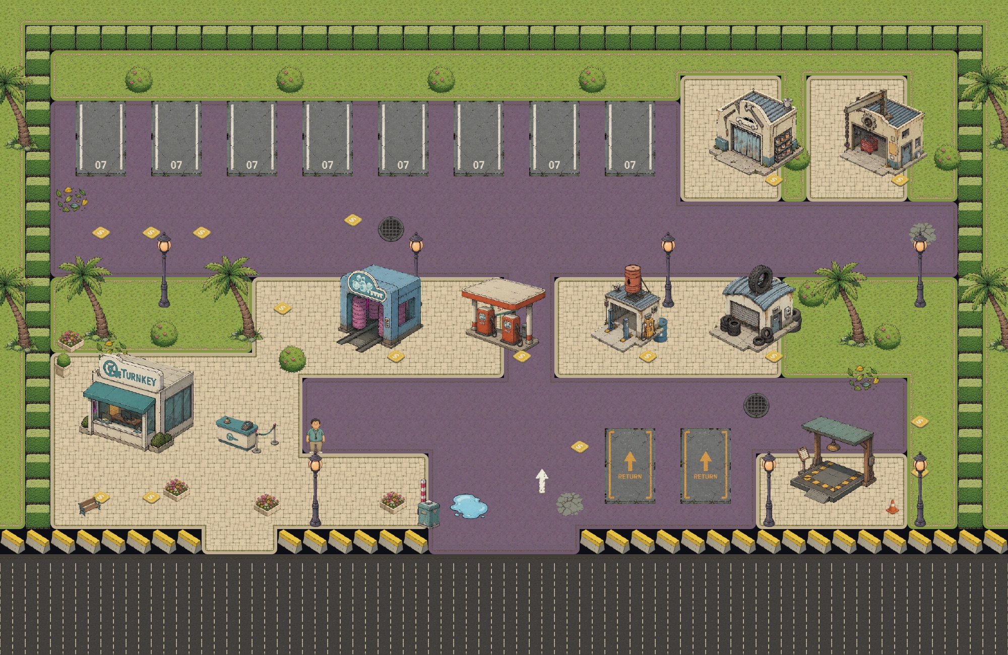 A car rental lot seen from above: parking bays, a car wash, a gas station, garages, palm trees, and the Turnkey rental office.