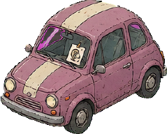 A pink compact car with a cream stripe