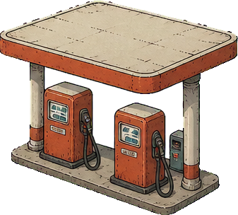 A fuel station with two red pumps