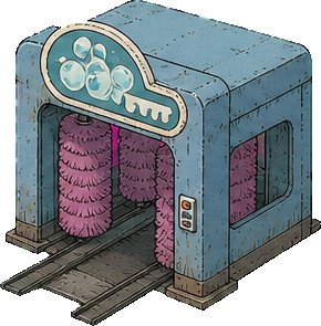 A blue car wash with pink brushes