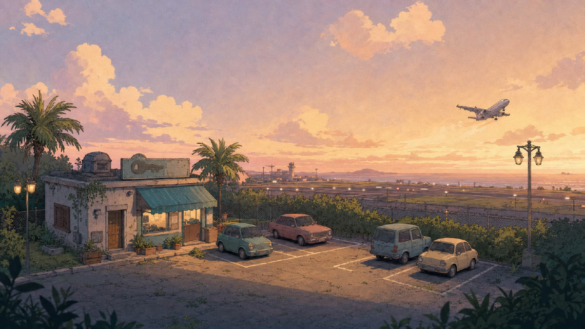 Turnkey's title screen: the lot at sunset with a plane overhead